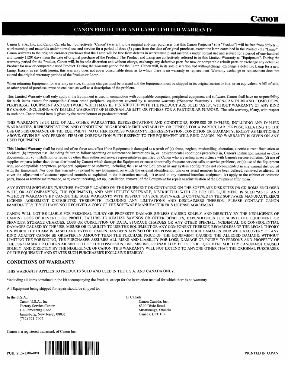 Warranty | Canon SX6 User Manual | Page 133 / 133