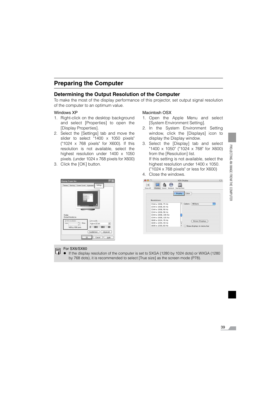 Preparing the computer, Determining the output resolution of the computer | Canon SX6 User Manual | Page 39 / 133