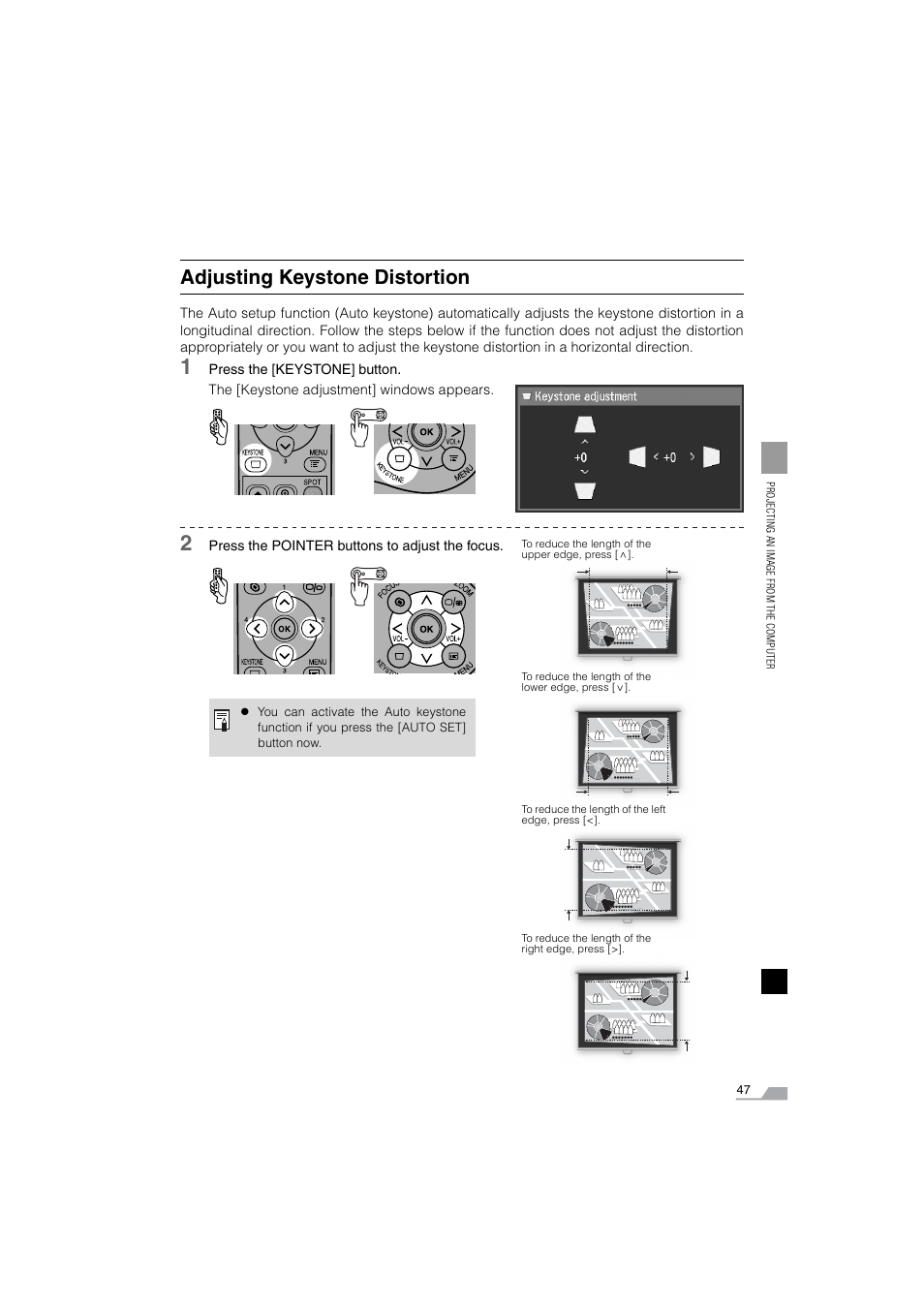 Adjusting keystone distortion | Canon SX6 User Manual | Page 47 / 133