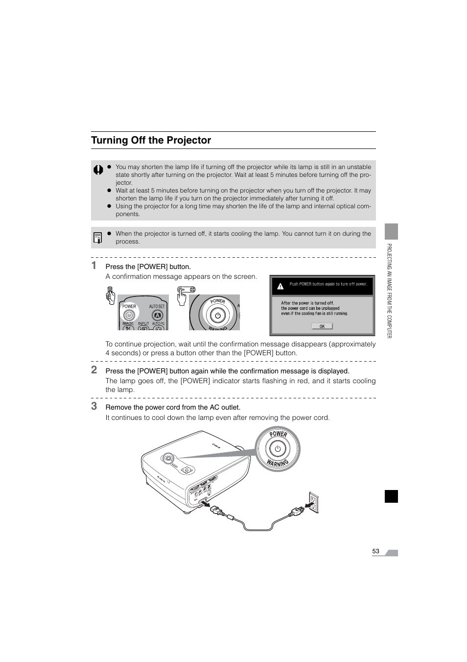 Turning off the projector | Canon SX6 User Manual | Page 53 / 133