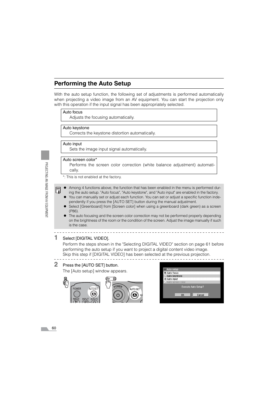Performing the auto setup | Canon SX6 User Manual | Page 60 / 133