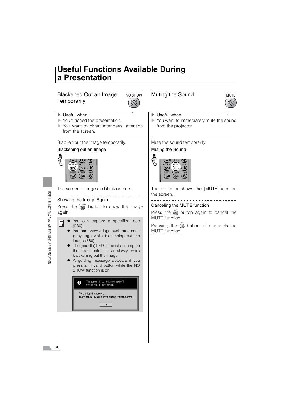 Blackened out an image temporarily, Muting the sound, Useful functions available during a presentation | Canon SX6 User Manual | Page 66 / 133