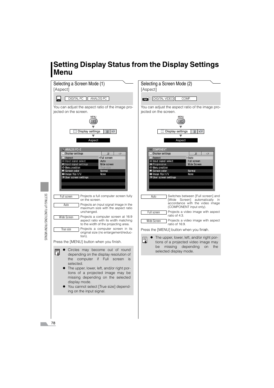 Selecting a screen mode, Selecting a screen mode (1), Selecting a screen mode (2) | Canon SX6 User Manual | Page 78 / 133