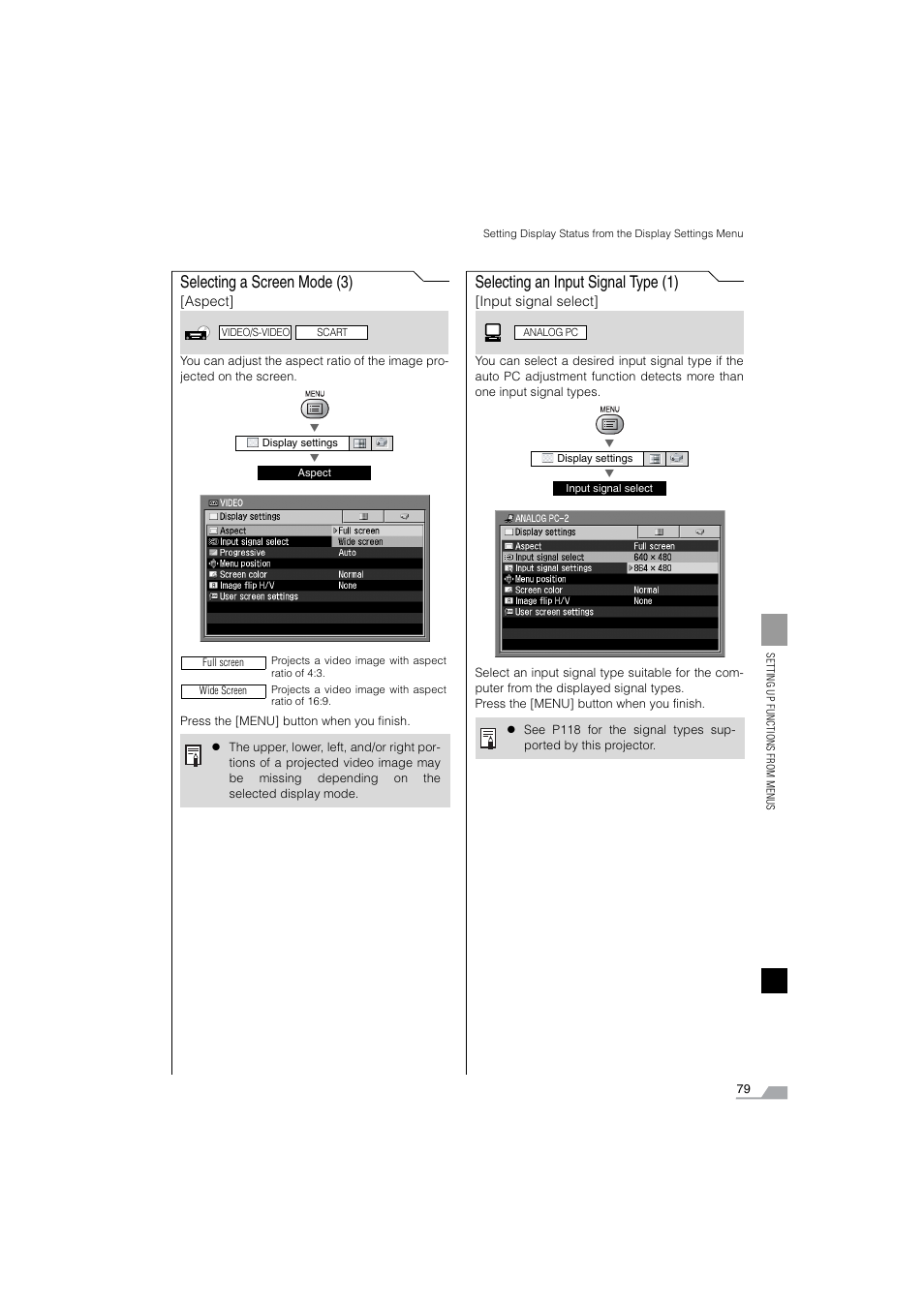 Selecting an input signal type, Selecting a screen mode (3), Selecting an input signal type (1) | Canon SX6 User Manual | Page 79 / 133