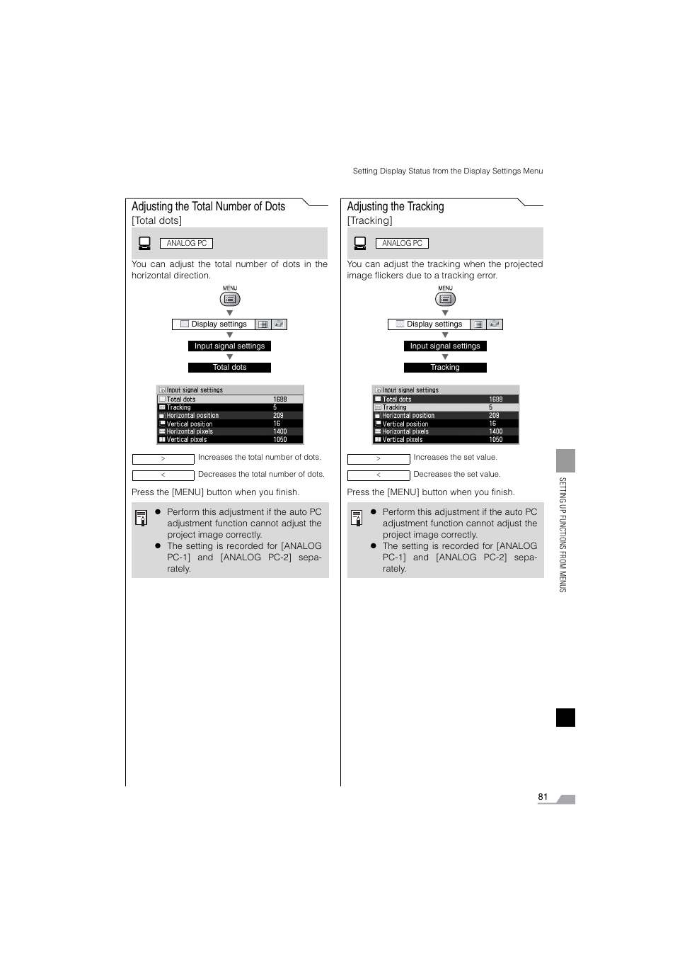 Adjusting the total number of dots, Adjusting the tracking | Canon SX6 User Manual | Page 81 / 133