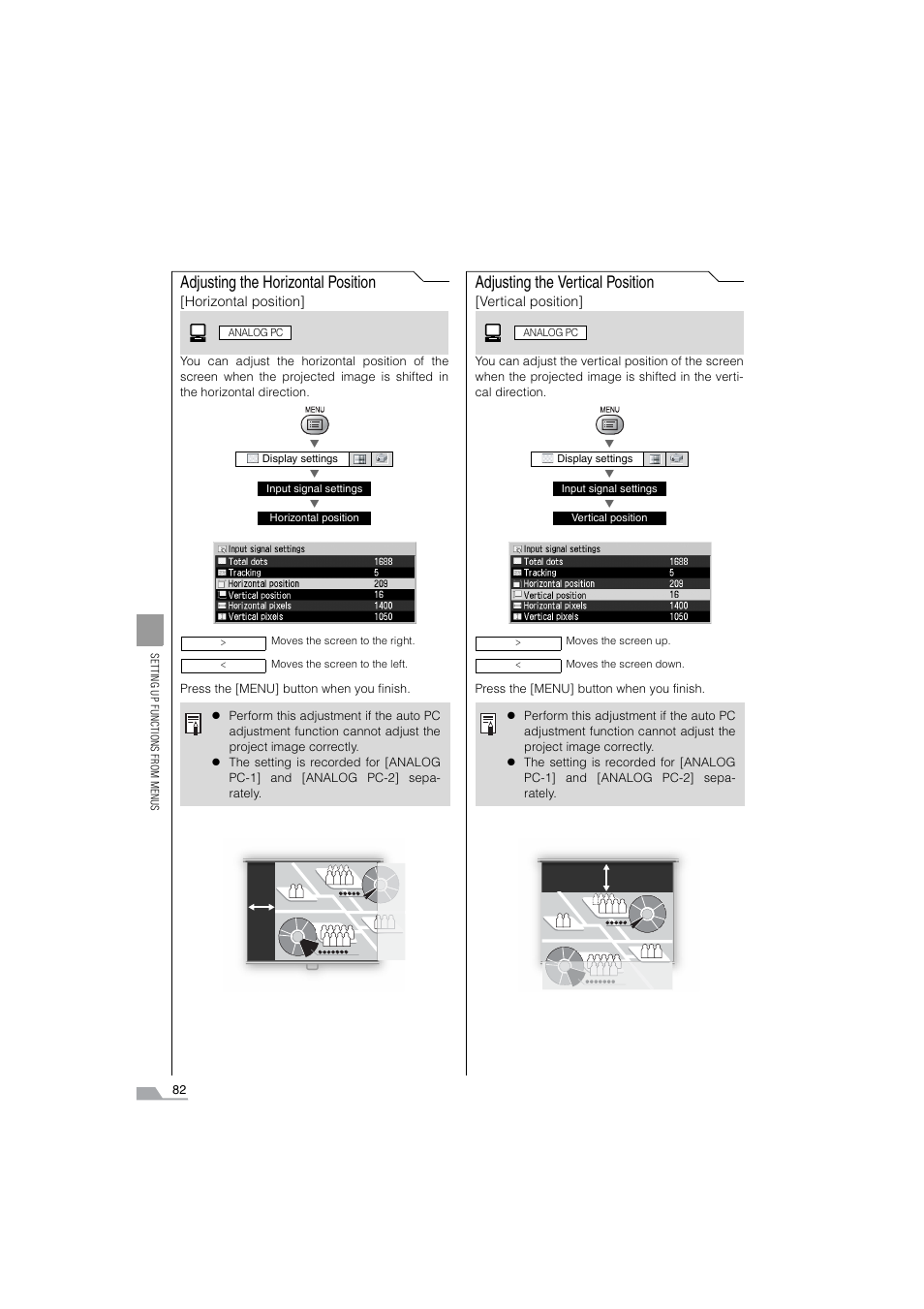 Adjusting the horizontal position, Adjusting the vertical position | Canon SX6 User Manual | Page 82 / 133