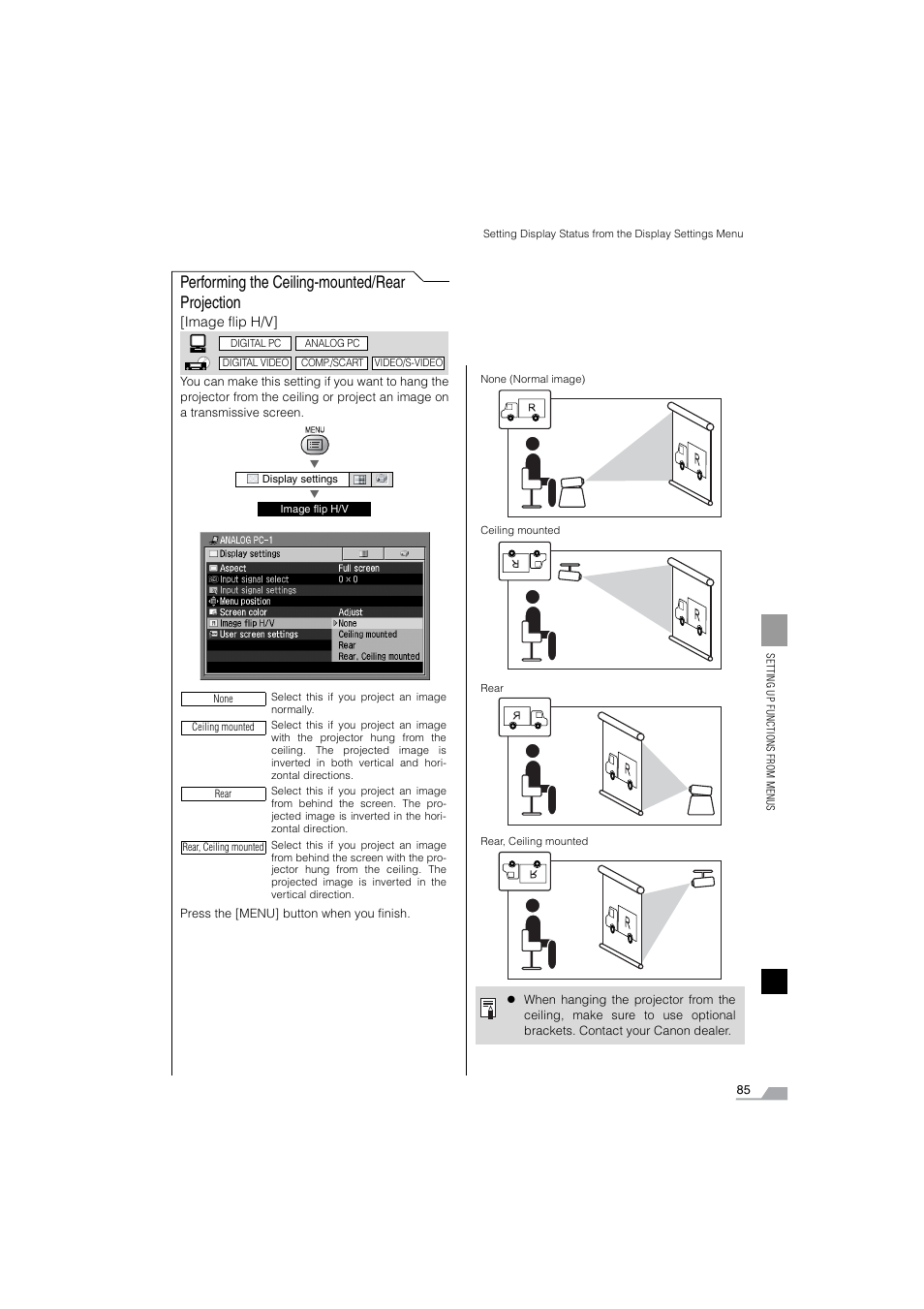 Performing the ceiling-mounted / rear projection, Performing the ceiling-mounted/rear projection | Canon SX6 User Manual | Page 85 / 133