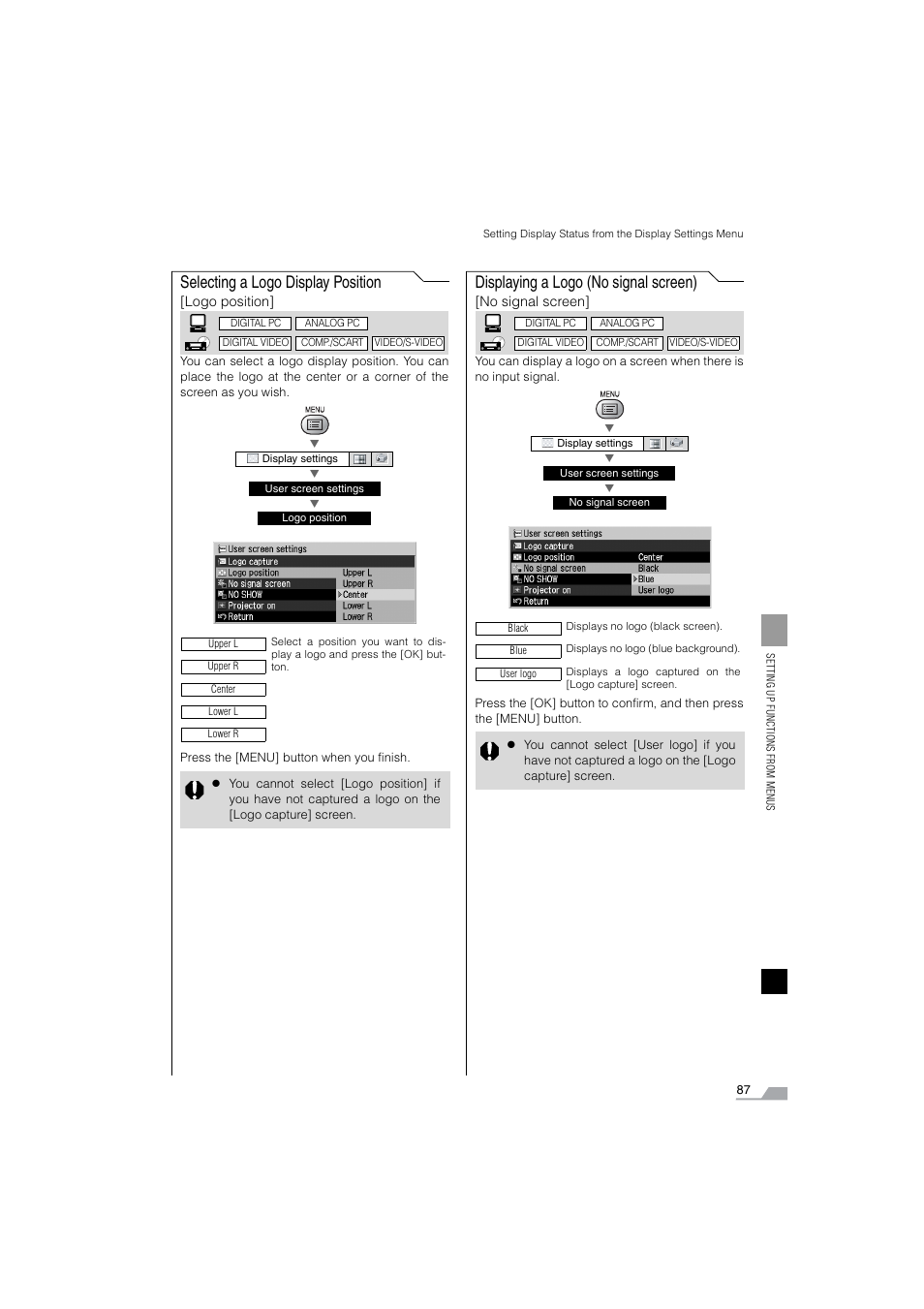 Selecting a logo display position, Displaying a logo, Displaying a logo (no signal screen) | Canon SX6 User Manual | Page 87 / 133