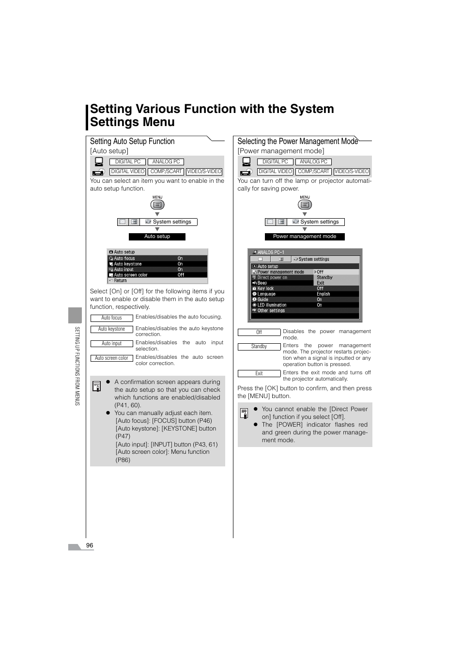 System settings menu, Auto setup function, Power management mode | Setting auto setup function, Selecting the power management mode | Canon SX6 User Manual | Page 96 / 133