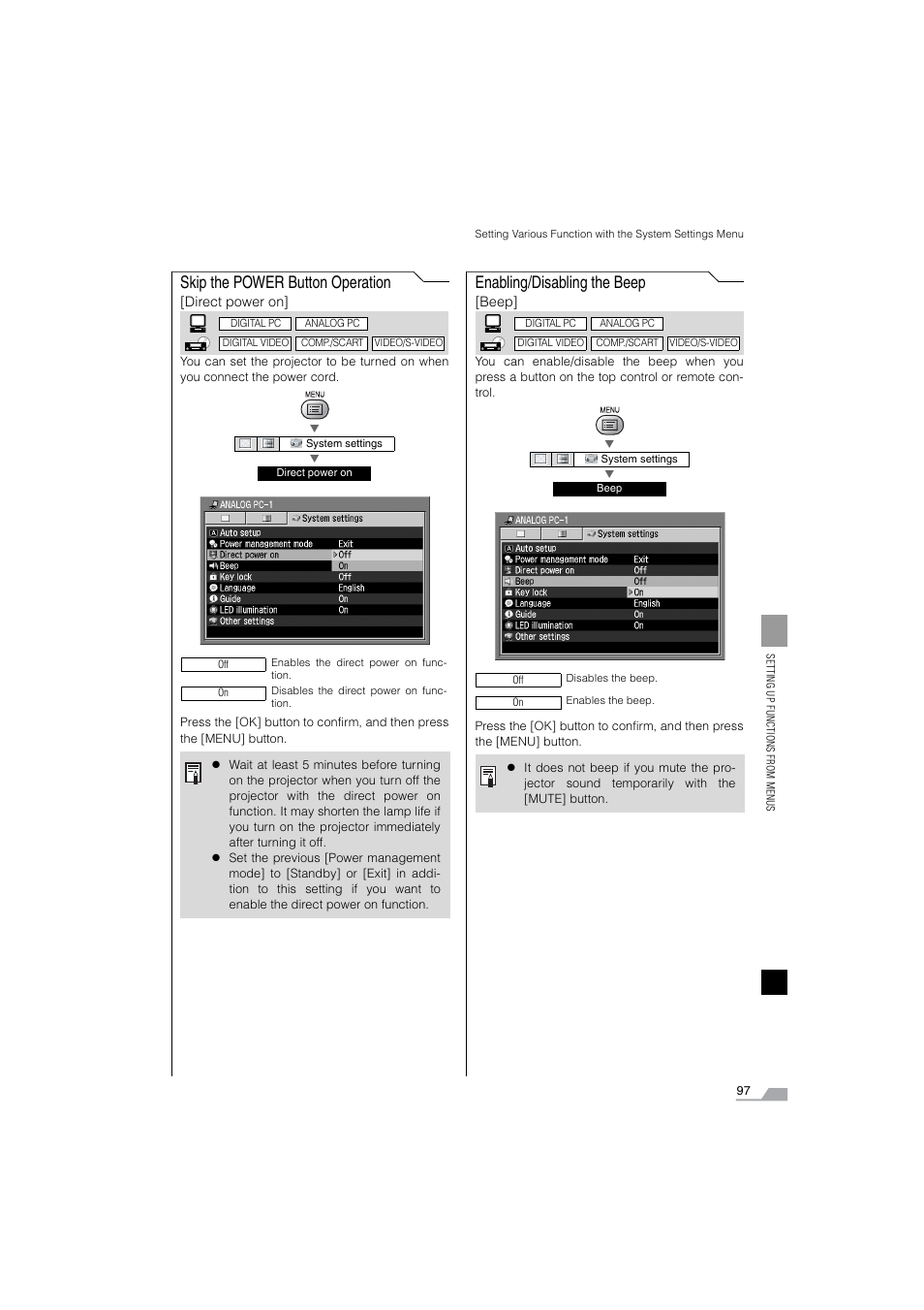 Skip the power button operation, Enabling / disabling the beep, Enabling/disabling the beep | Canon SX6 User Manual | Page 97 / 133