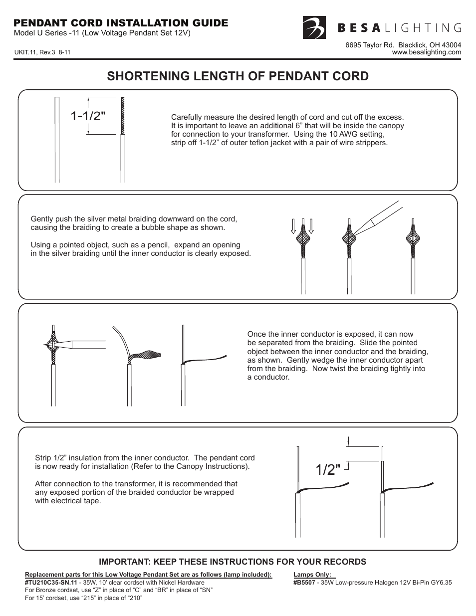 Ukit.11_rev3, Tukit.11, rev 3, Shortening length of pendant cord | Pendant cord installation guide | Besa Lighting Juliette (Mini Pendants 12V) User Manual | Page 2 / 6