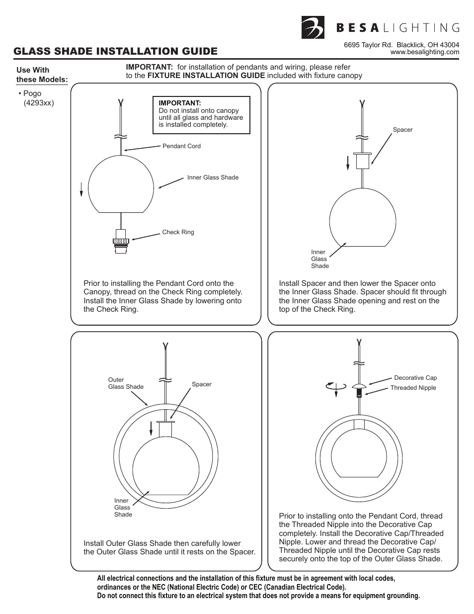 Ukit.91 back, Glass shade installation guide | Besa Lighting Pogo (Mini Pendants 12V) User Manual | Page 3 / 6