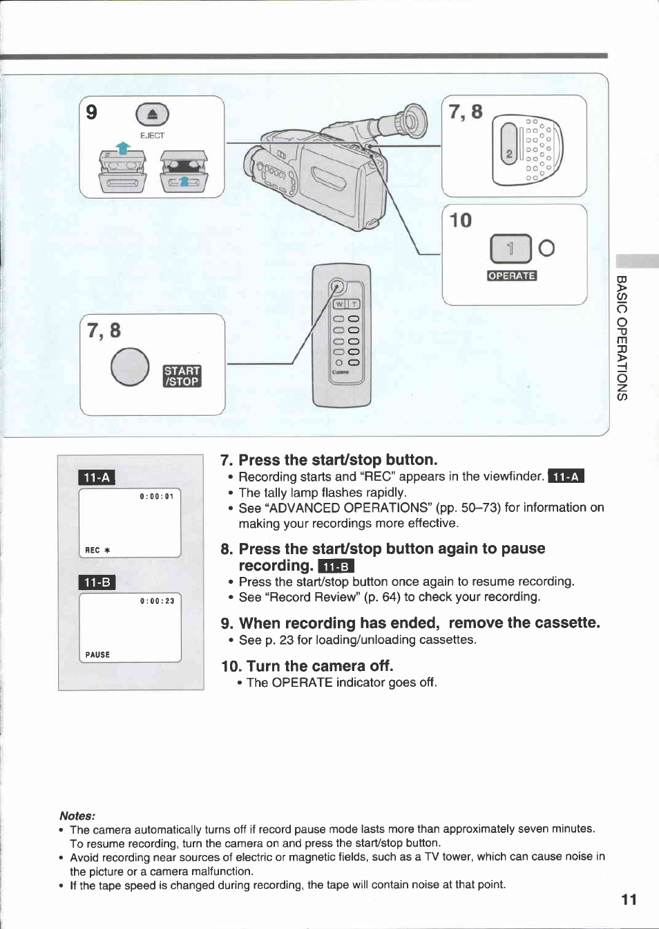Press the start/stop button, When recording has ended, remove the cassette, Turn the camera off | Canon E 333 D User Manual | Page 11 / 82