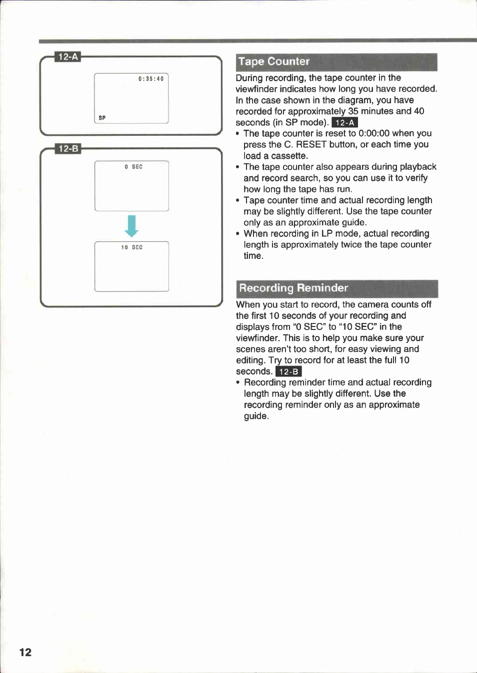Tape counter, Recording reminder | Canon E 333 D User Manual | Page 12 / 82