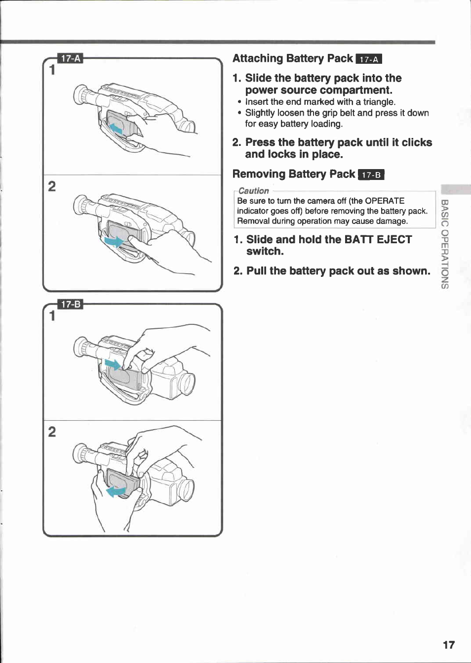 Attaching battery pack 1^1, Removing battery pack ict51, Slide and hold the ватт eject switch | Pull the battery pack out as shown | Canon E 333 D User Manual | Page 17 / 82