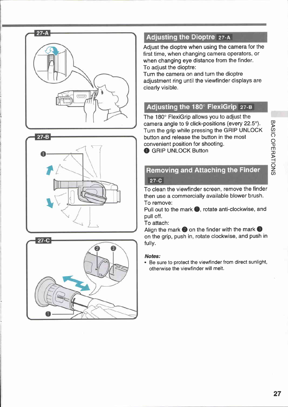 Adjusting the dioptre 27-a, Adjusting the 180° flexigrip 27-b, Removing and attaching the finder | Adjusting the dioptre adjusting the 180° flexigrip | Canon E 333 D User Manual | Page 27 / 82