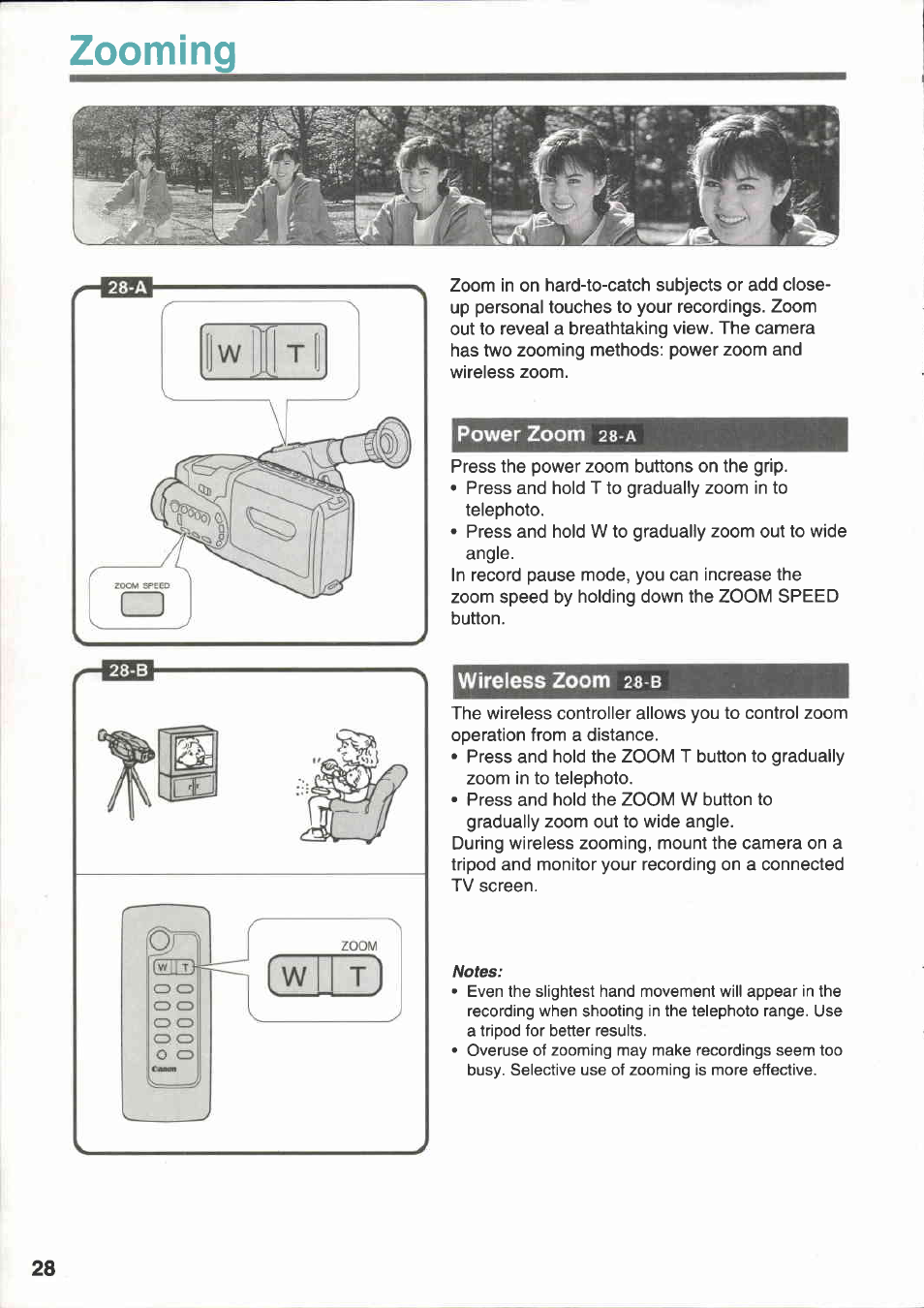 Zooming, Power zoom 28-a, Wireless zoom zb-b | Wireless zoom | Canon E 333 D User Manual | Page 28 / 82