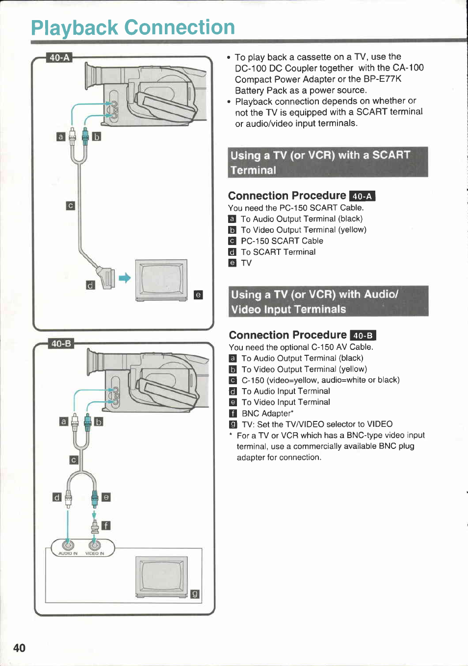 Playback connection, Using a tv (or vcr) with a scart terminal, Connection procedure itw | Connection procedure ttilsl | Canon E 333 D User Manual | Page 38 / 82