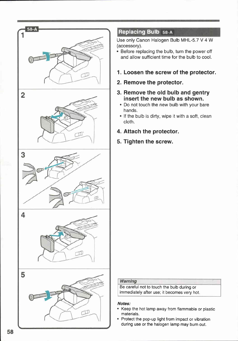 Replacing bulb ss-a, Loosen the screw of the protector, Remove the protector | Attach the protector, Tighten the screw, Replacing bulb | Canon E 333 D User Manual | Page 56 / 82