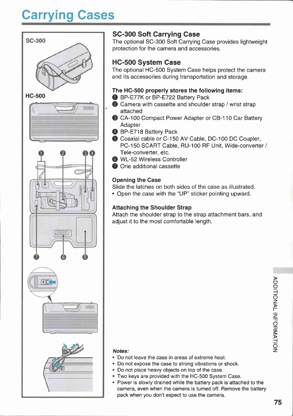 Carrying cases, Sc-300 soft carrying case, Hc-500 system case | The hc-500 properly stores the following items, Opening the case, Attaching the shouider strap | Canon E 333 D User Manual | Page 69 / 82