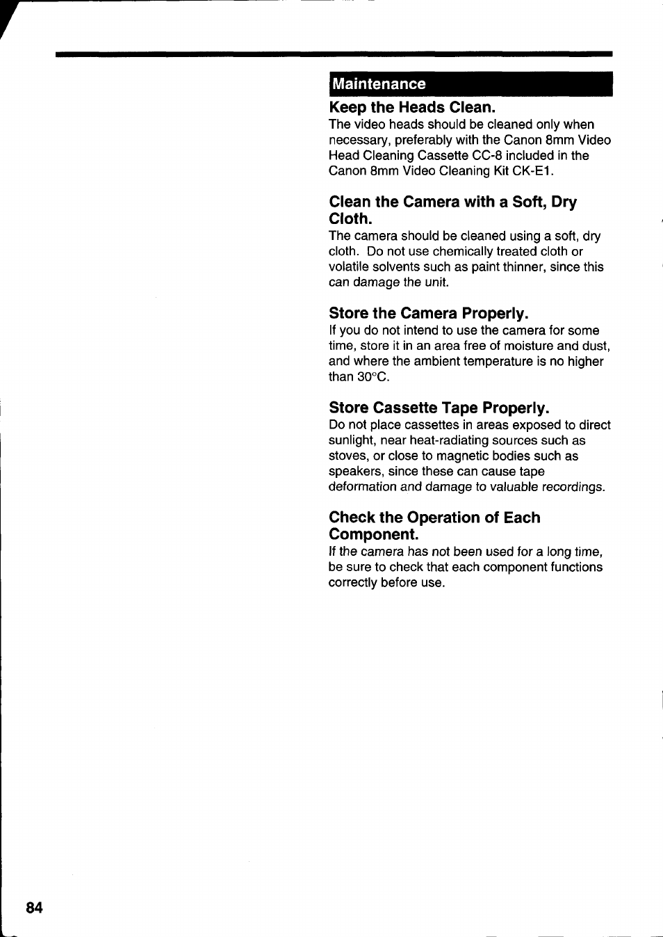 Maintenance, Keep the heads clean, Clean the camera with a soft, dry cloth | Store the camera properly, Store cassette tape properly, Check the operation of each component | Canon E 333 D User Manual | Page 78 / 82