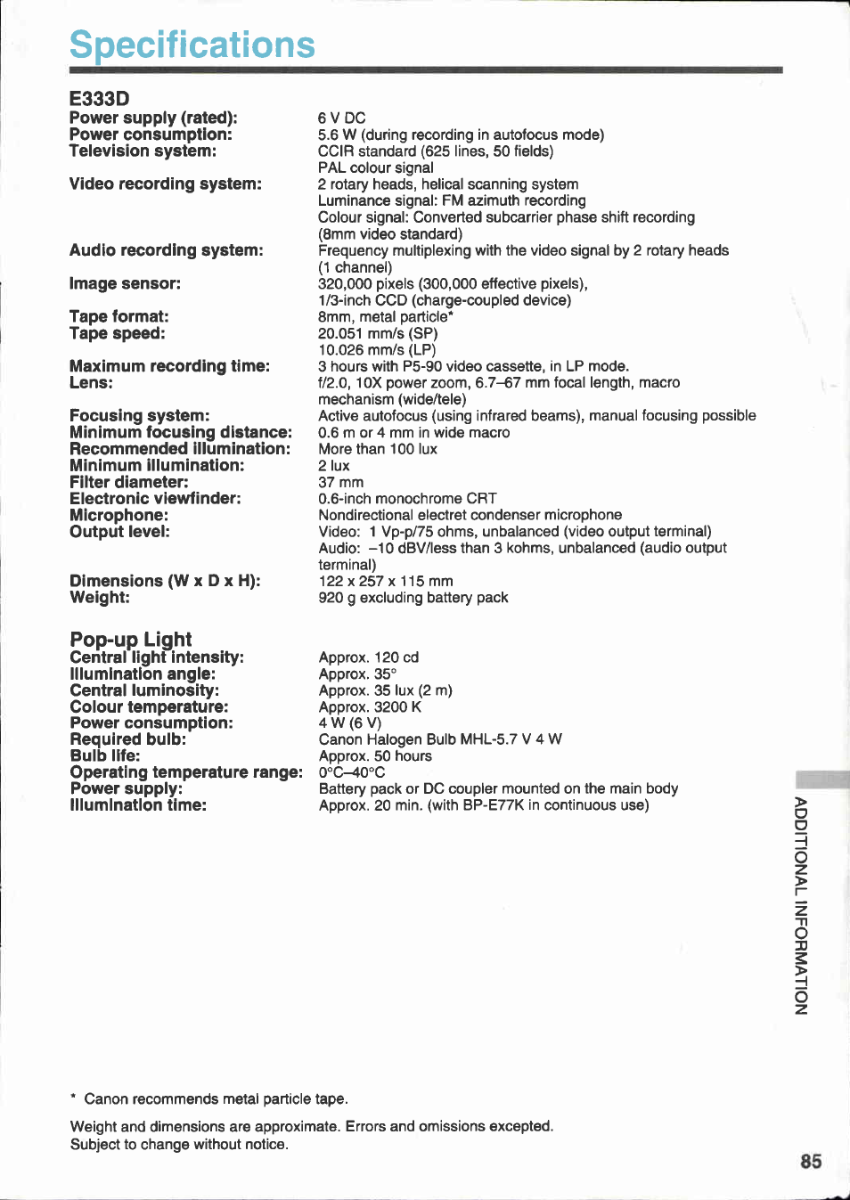 Specifications, E333d | Canon E 333 D User Manual | Page 79 / 82