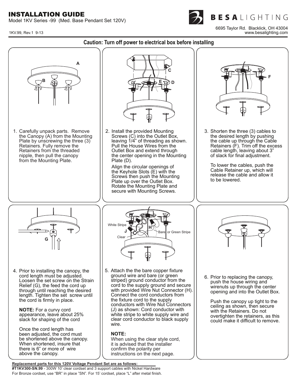1kv.99, rev.1, 1kv.99_front, rev, Installation guide | Besa Lighting Amelia 12 / 15 / 18 (120V Pendants) User Manual | Page 5 / 6