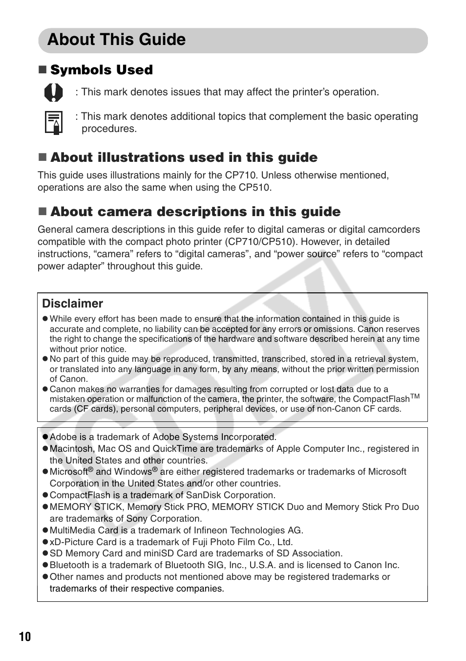About this guide, About camera descriptions in this guide, Disclaimer | Canon CP710 User Manual | Page 12 / 69