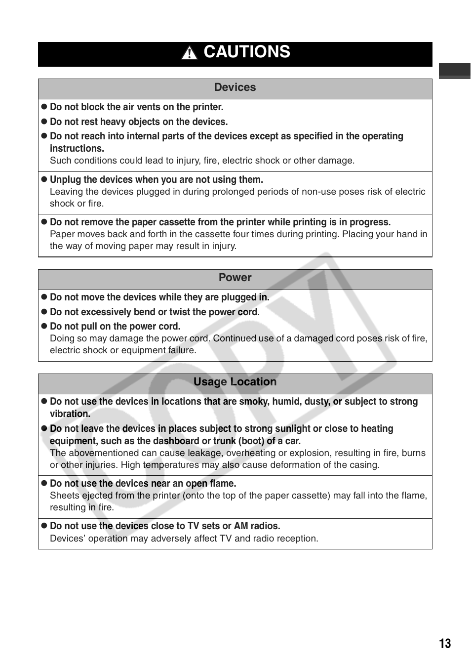 Cautions | Canon CP710 User Manual | Page 15 / 69