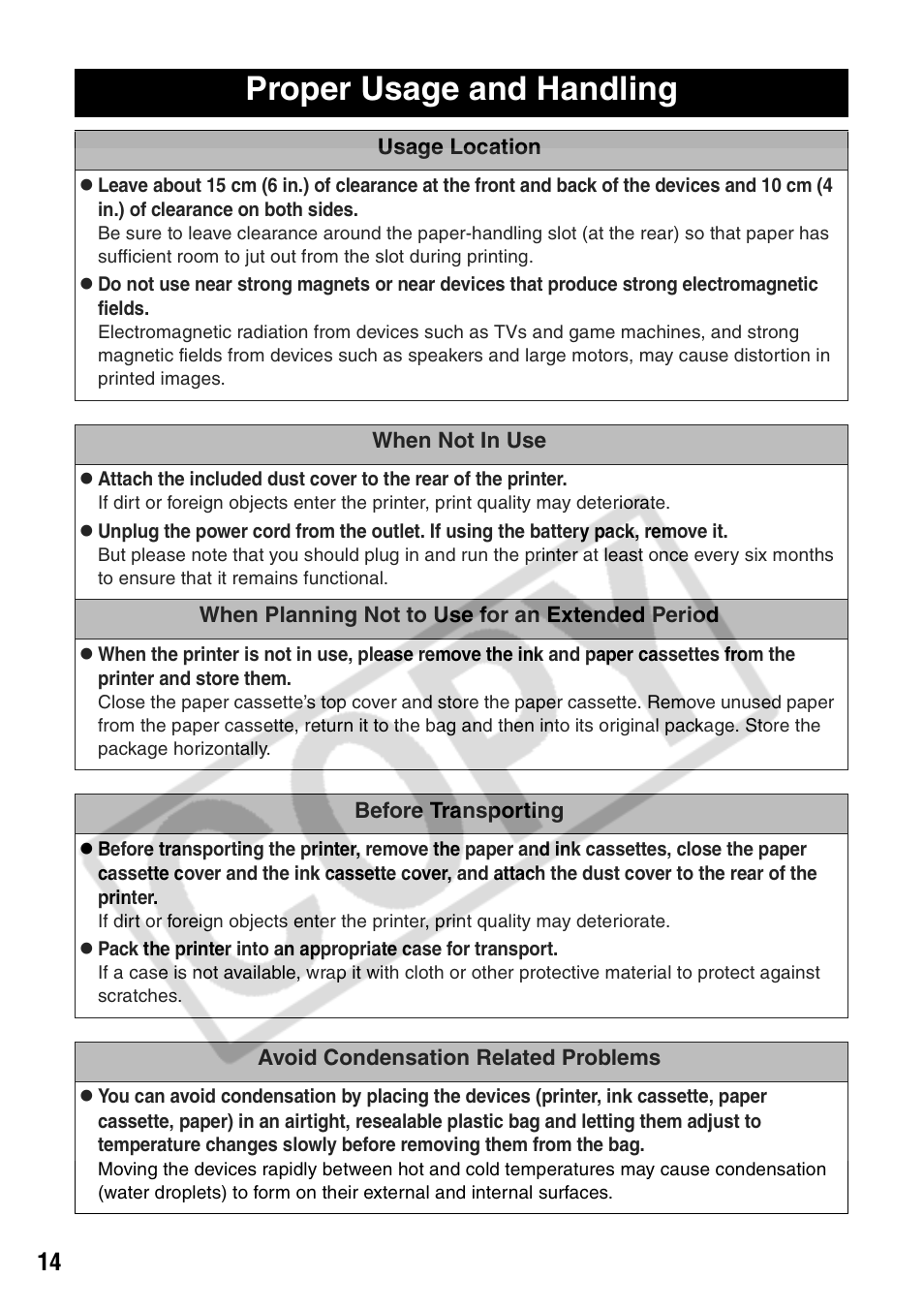 Proper usage and handling | Canon CP710 User Manual | Page 16 / 69