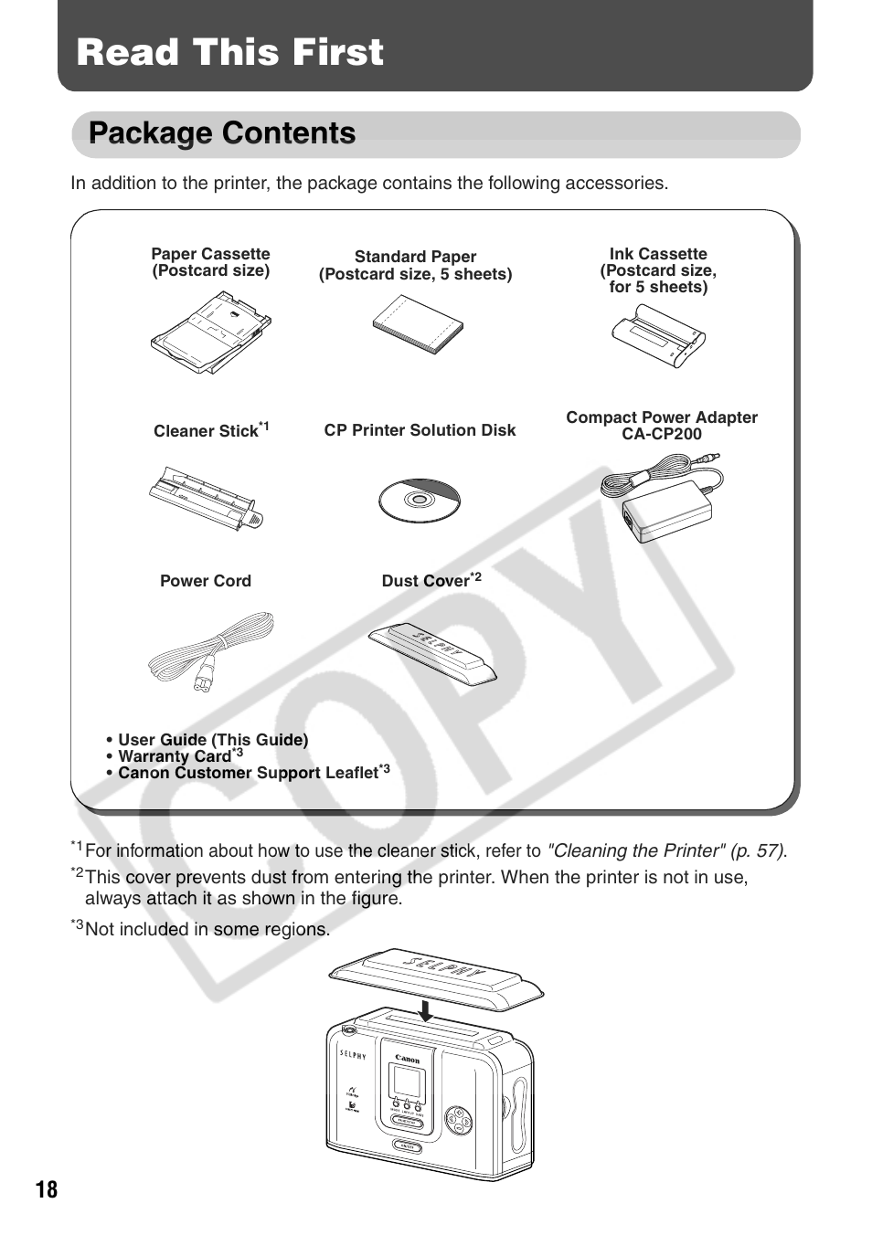 Read this first, Package contents | Canon CP710 User Manual | Page 20 / 69