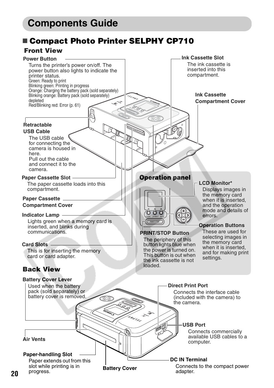 Components guide, Compact photo printer selphy cp710, Front view back view | Operation panel | Canon CP710 User Manual | Page 22 / 69