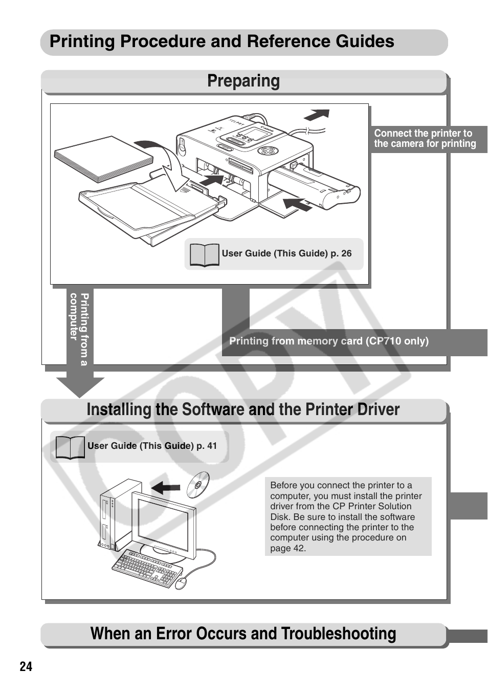 When an error occurs and troubleshooting | Canon CP710 User Manual | Page 26 / 69