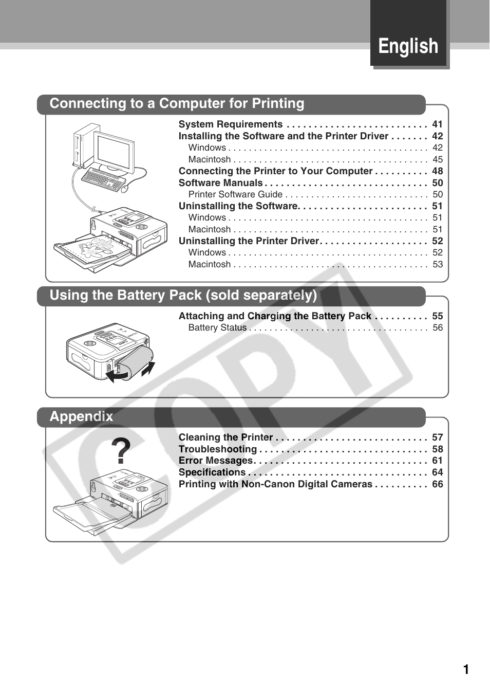 English, Connecting to a computer for printing, Using the battery pack (sold separately) | Appendix | Canon CP710 User Manual | Page 3 / 69