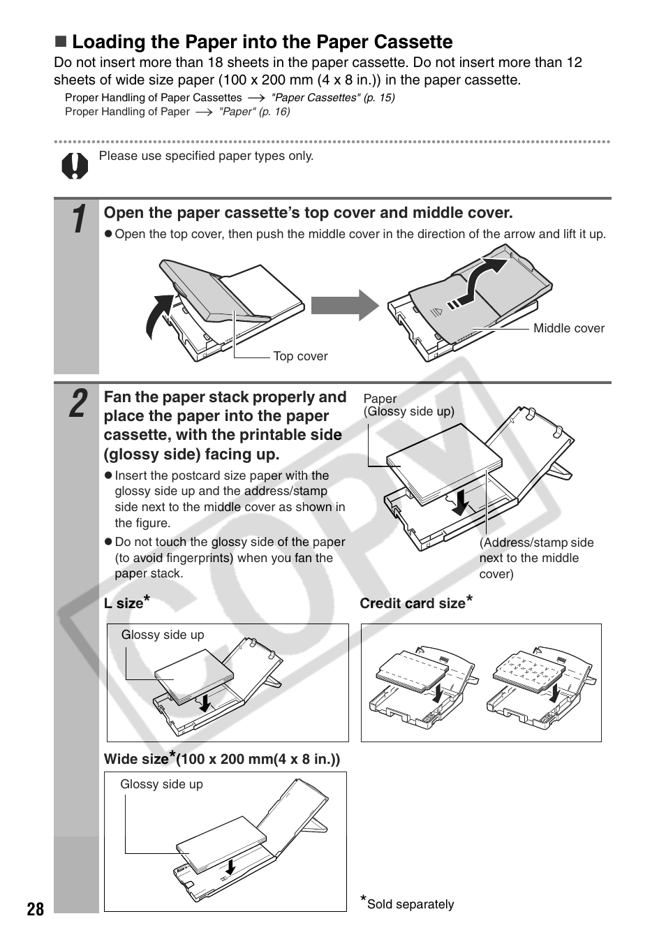 Loading the paper into the paper cassette | Canon CP710 User Manual | Page 30 / 69