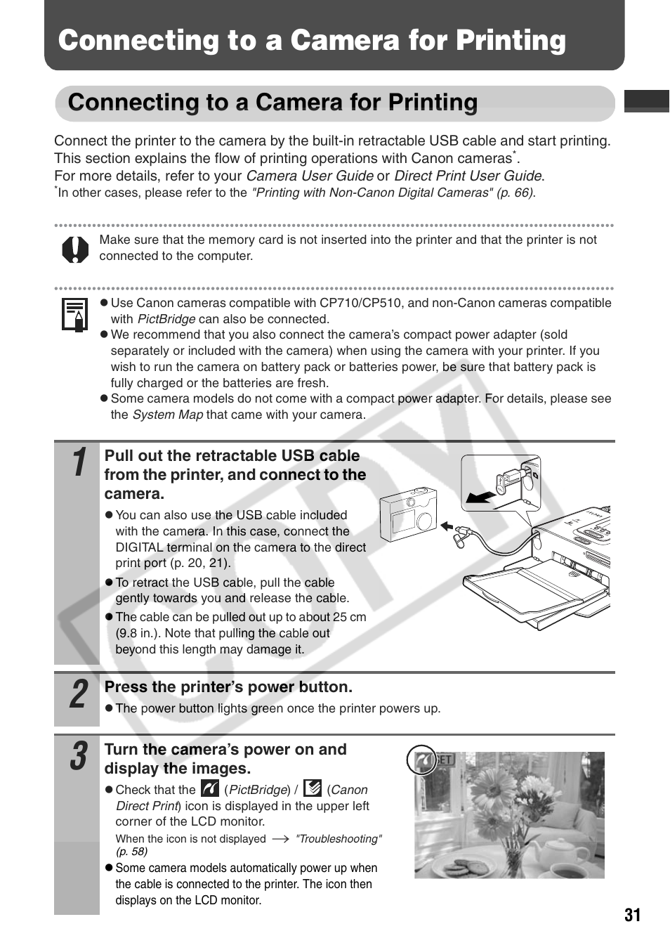 Connecting to a camera for printing | Canon CP710 User Manual | Page 33 / 69