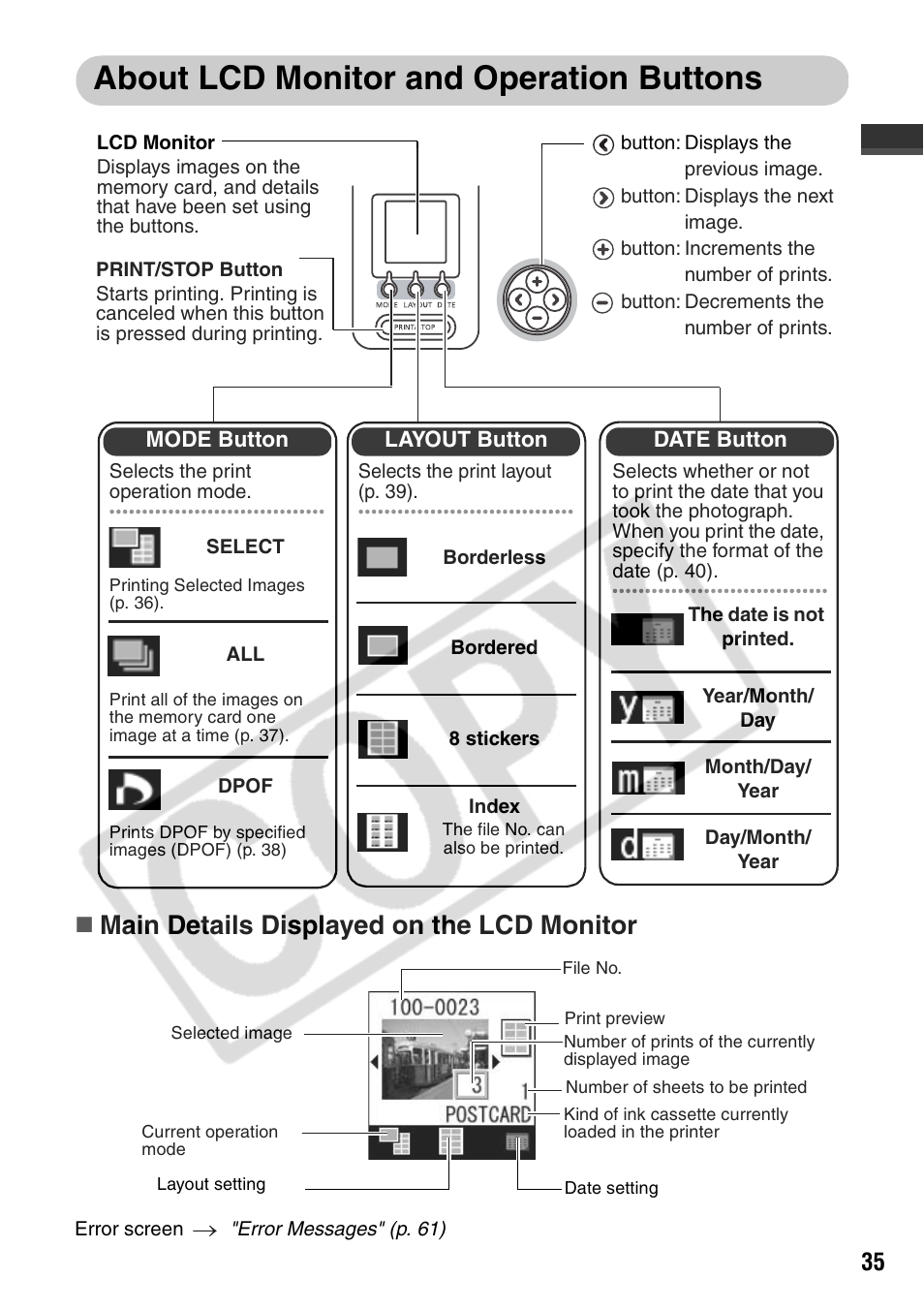 About lcd monitor and operation buttons, Main details displayed on the lcd monitor | Canon CP710 User Manual | Page 37 / 69