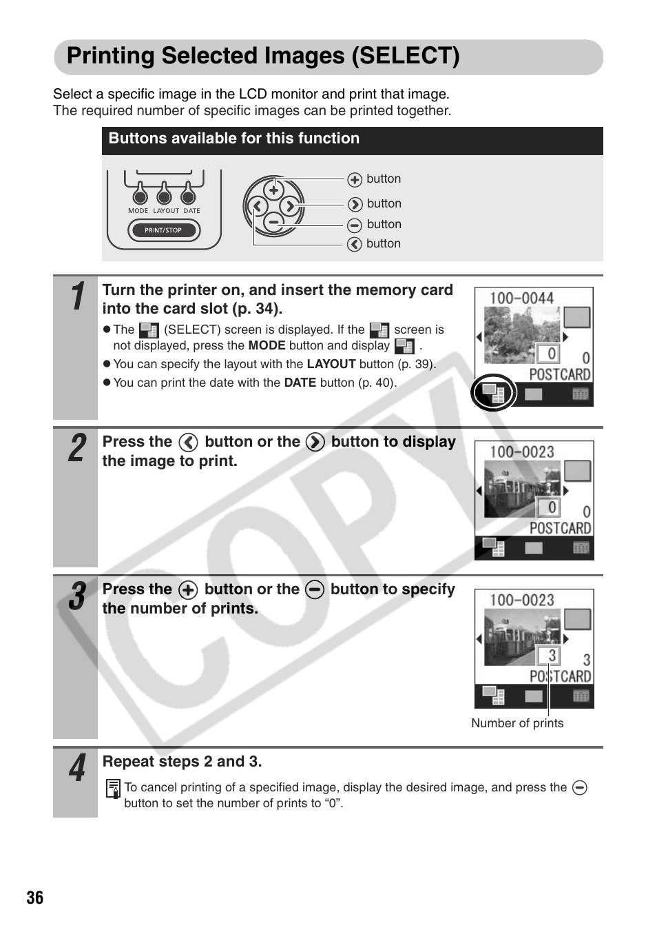 Printing selected images (select) | Canon CP710 User Manual | Page 38 / 69