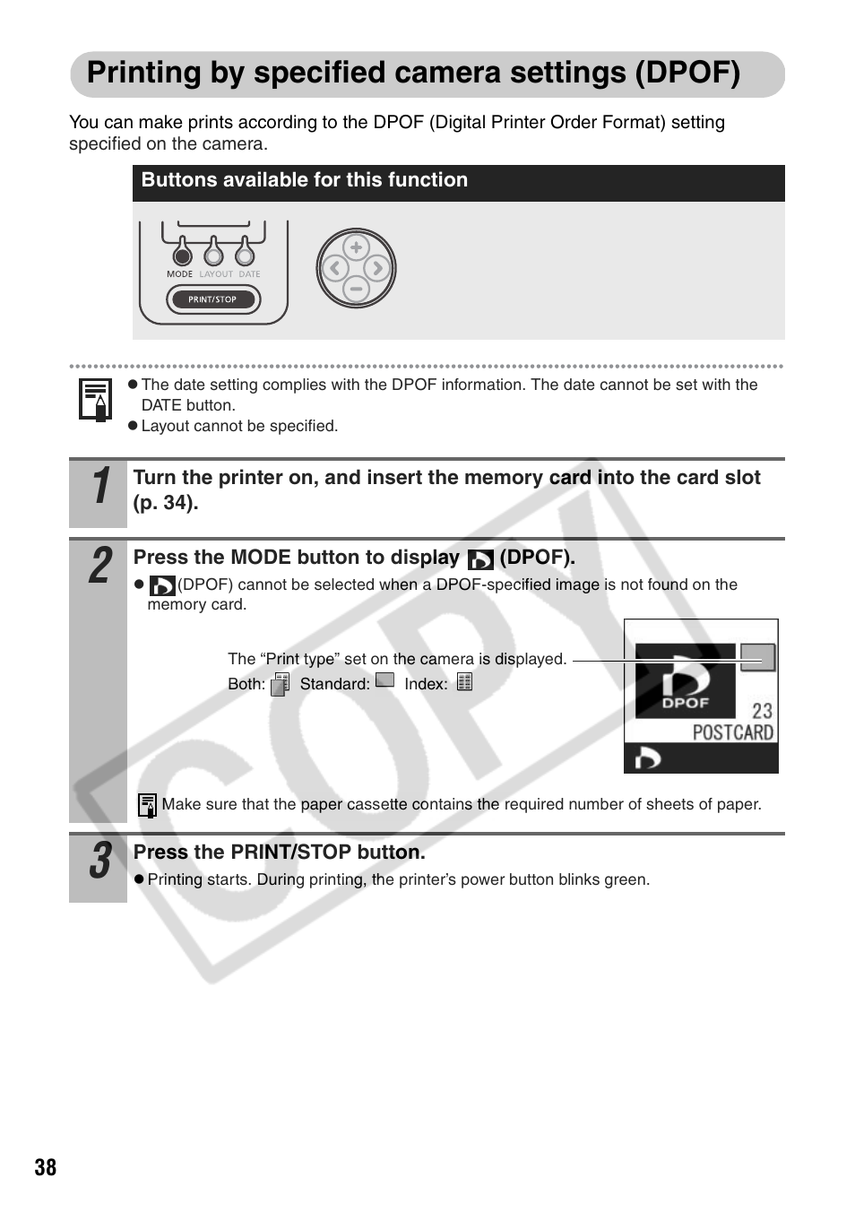 Printing by specified camera settings (dpof) | Canon CP710 User Manual | Page 40 / 69
