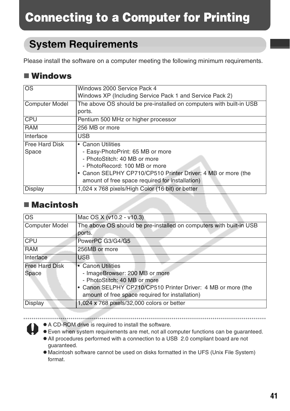 Connecting to a computer for printing, System requirements, Windows  macintosh | Canon CP710 User Manual | Page 43 / 69