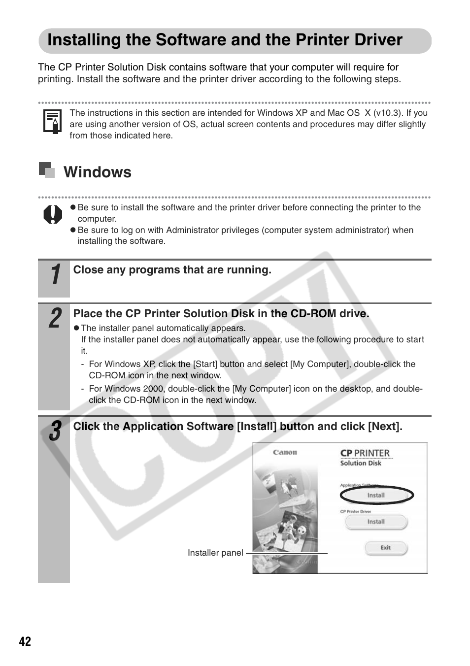 Installing the software and the printer driver, Windows | Canon CP710 User Manual | Page 44 / 69