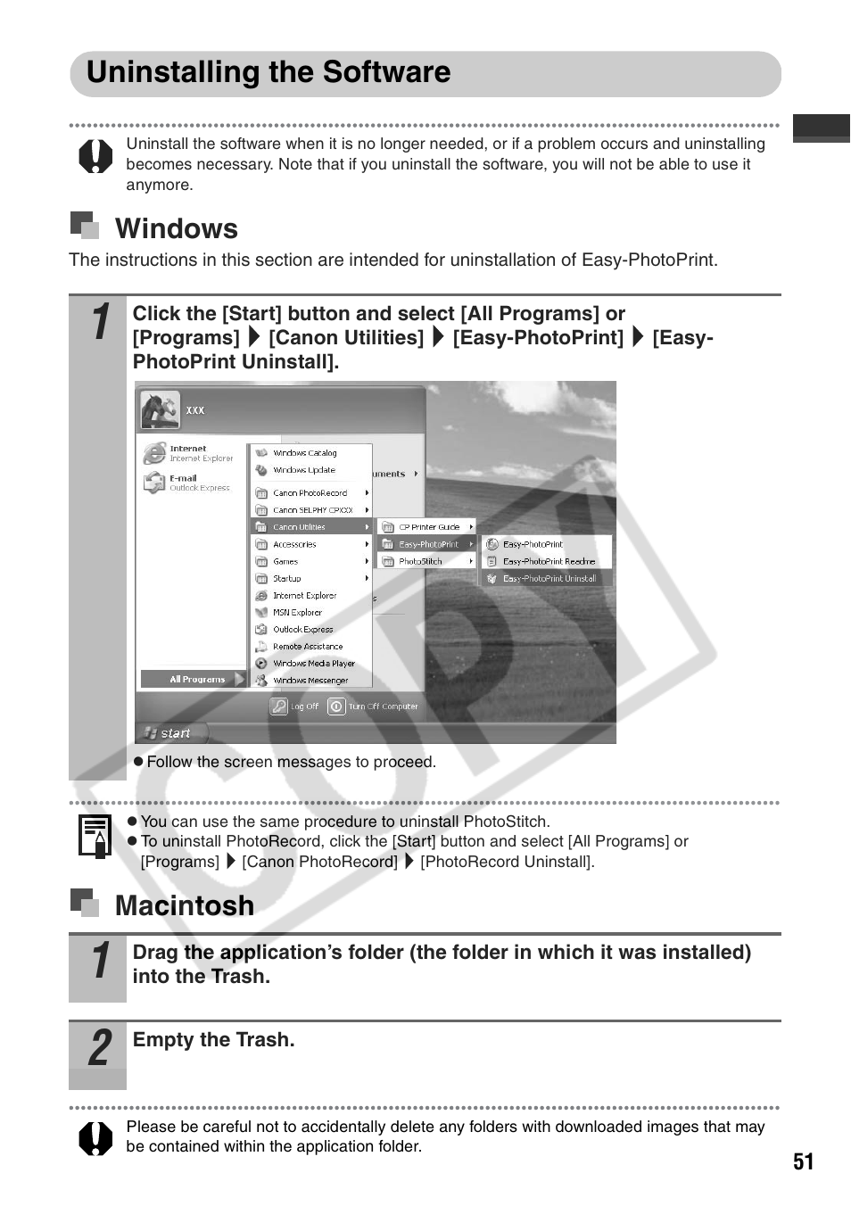 Uninstalling the software, Windows, Macintosh | Canon CP710 User Manual | Page 53 / 69