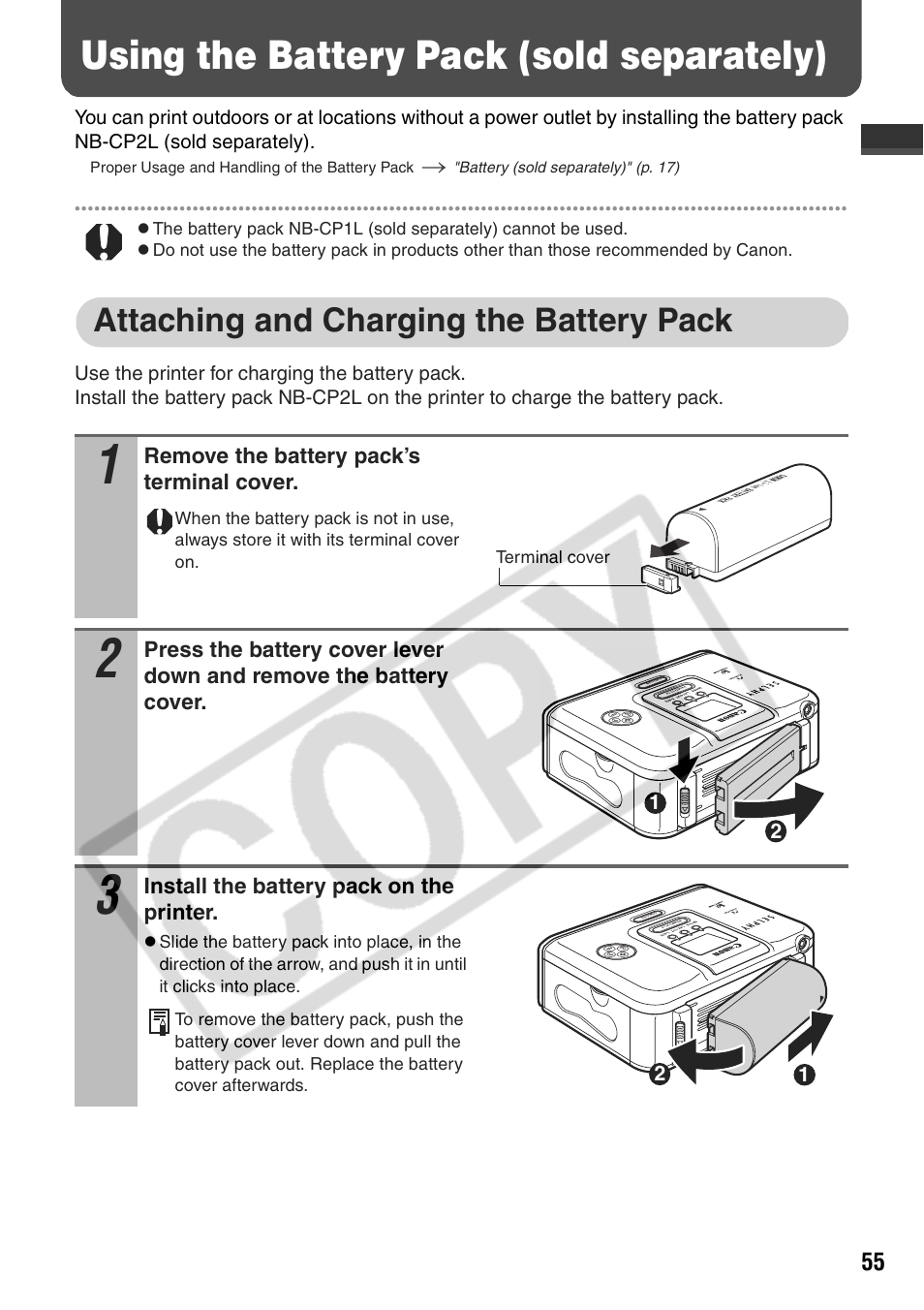 Using the battery pack (sold separately), Attaching and charging the battery pack | Canon CP710 User Manual | Page 57 / 69