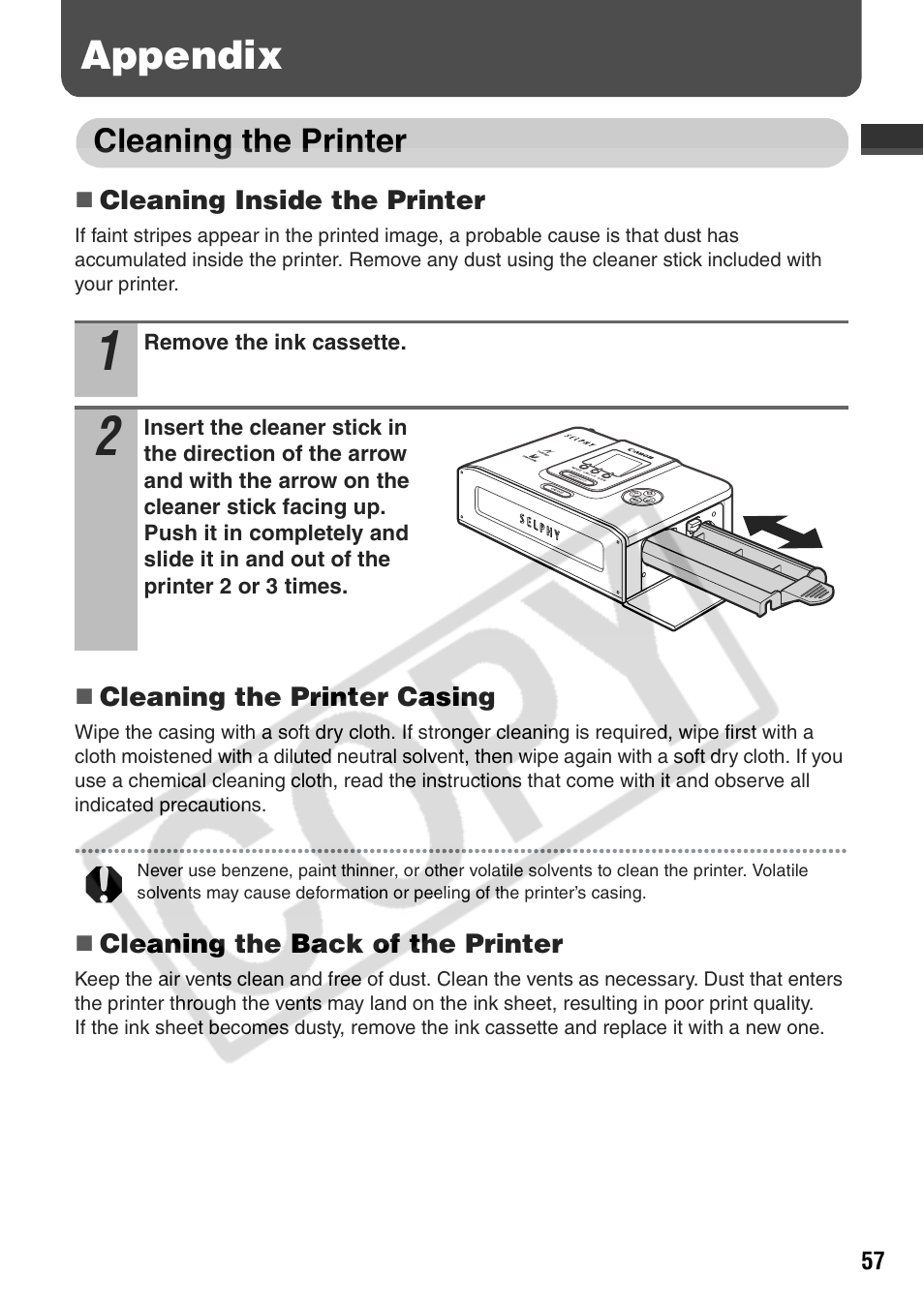 Appendix, Cleaning the printer | Canon CP710 User Manual | Page 59 / 69