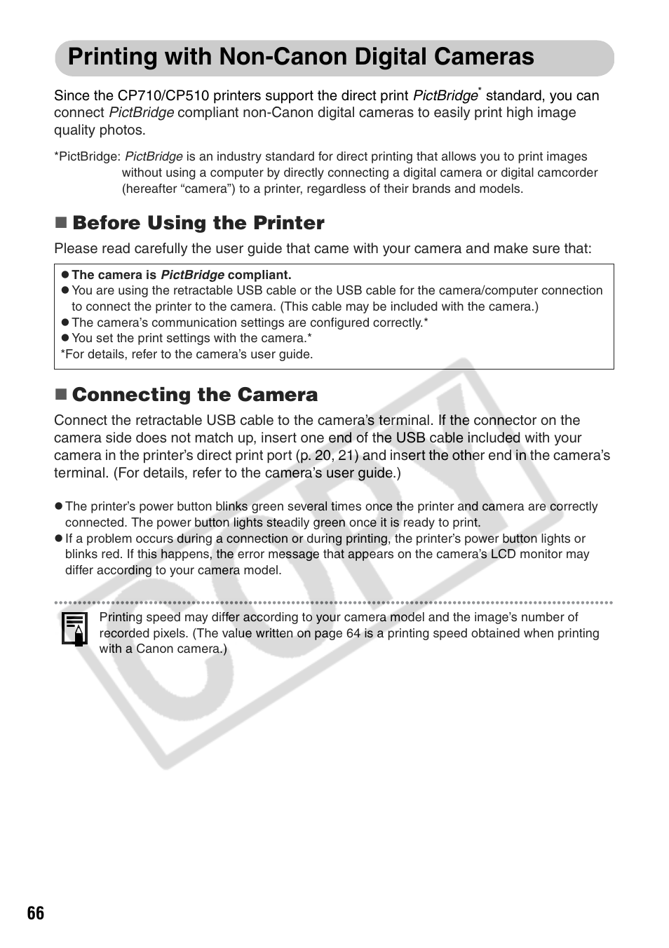 Printing with non-canon digital cameras, Before using the printer, Connecting the camera | Canon CP710 User Manual | Page 68 / 69