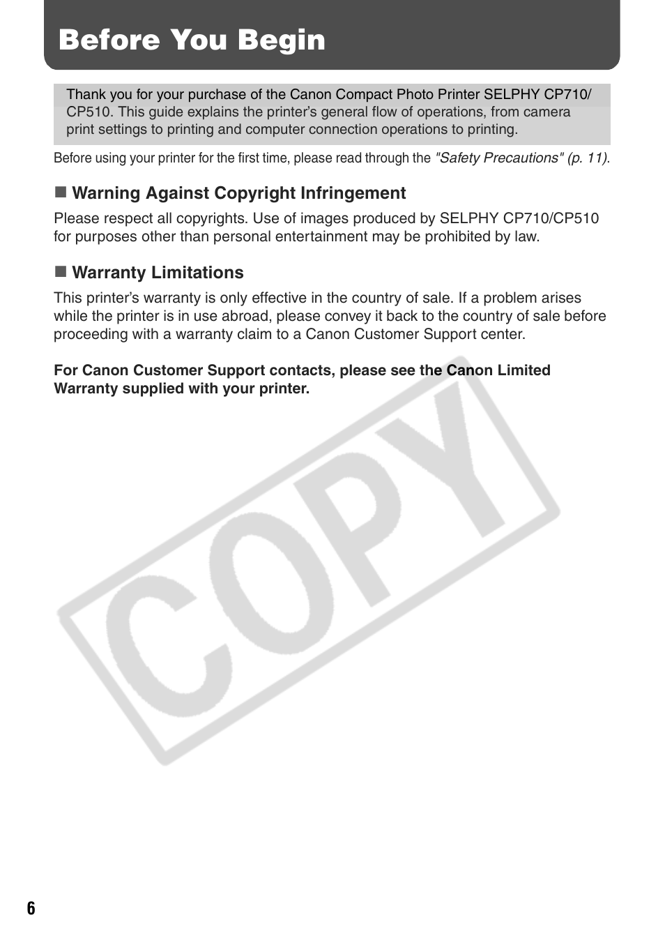 Before you begin | Canon CP710 User Manual | Page 8 / 69