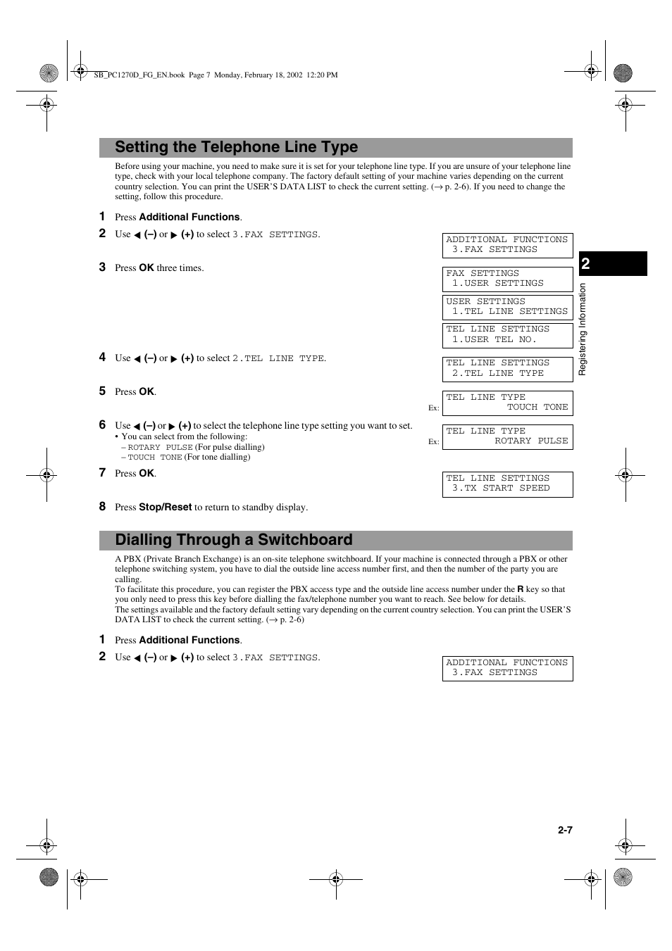 Setting the telephone line type, Dialling through a switchboard | Canon PC1270D User Manual | Page 17 / 88