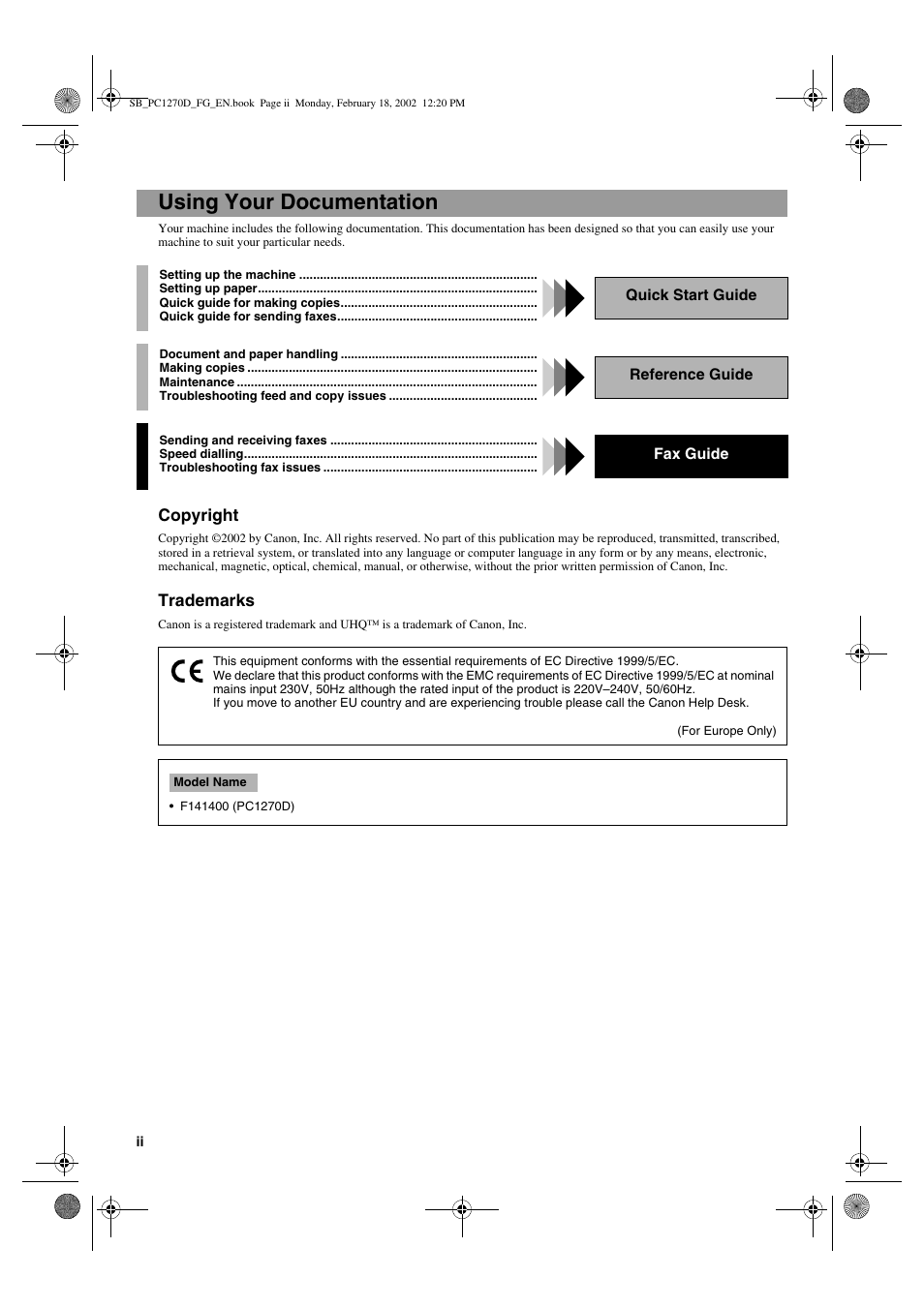 Using your documentation | Canon PC1270D User Manual | Page 2 / 88