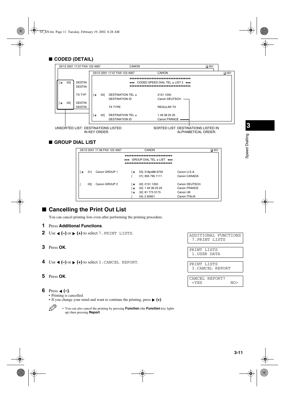 Cancelling the print out list, Coded (detail) ■ group dial list | Canon PC1270D User Manual | Page 29 / 88