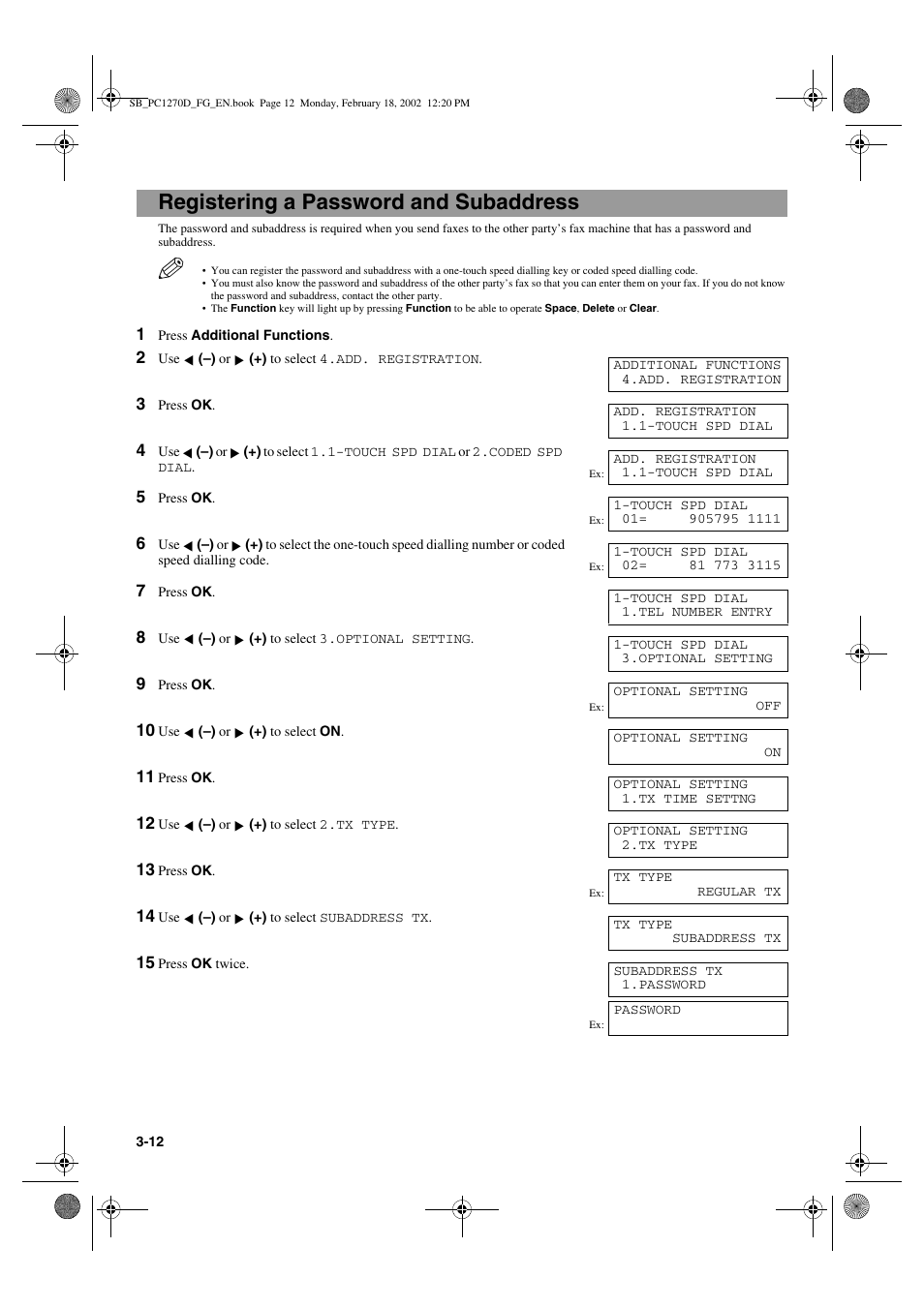 Registering a password and subaddress | Canon PC1270D User Manual | Page 30 / 88